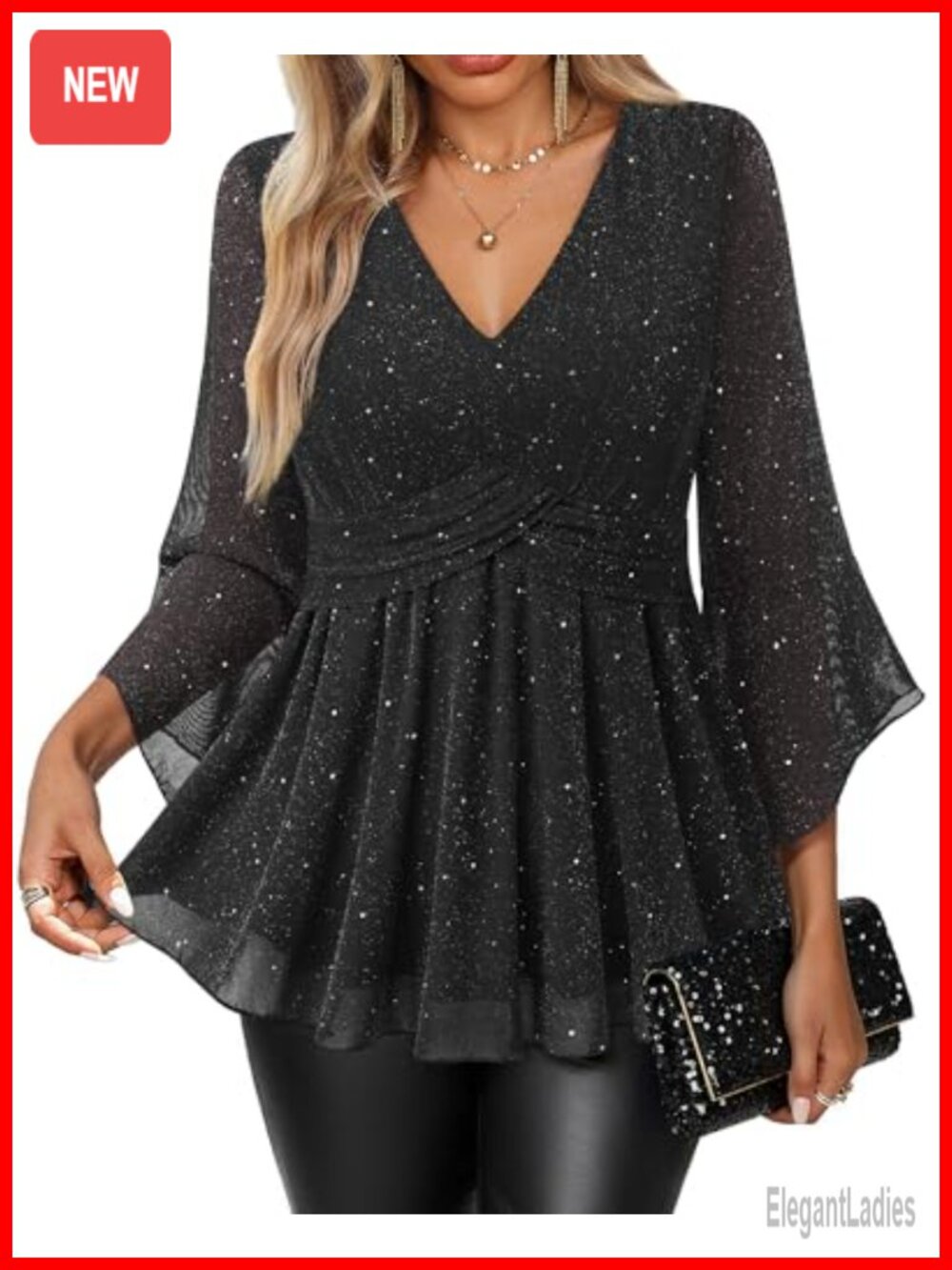 Womens Glitter Sequin V-Neck 3/4 Sleeve Dressy Blouse